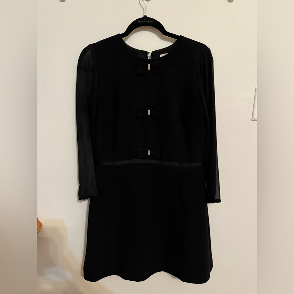 Maison Jules little black work dress size L 12 with bows and sheer long sleeves